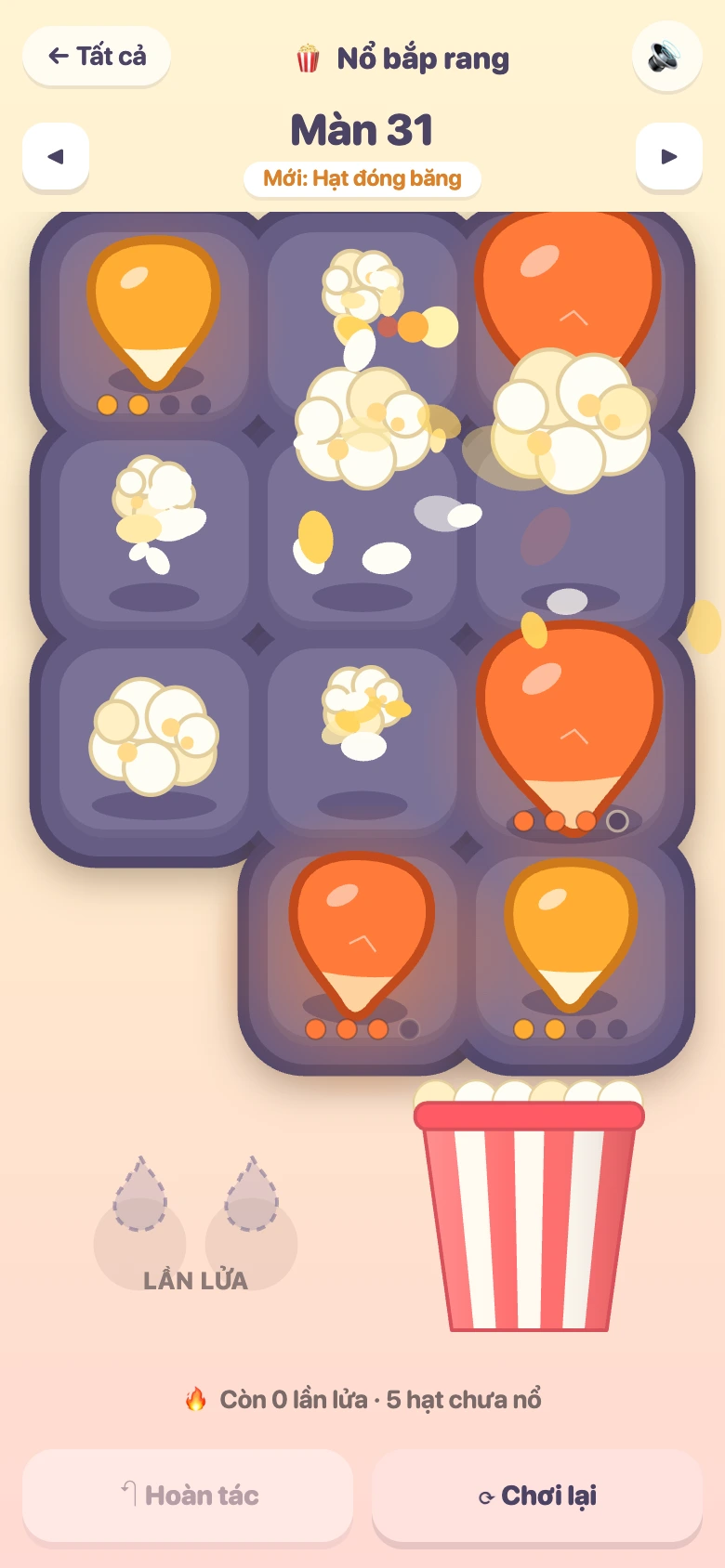 A chain reaction spreading across the pan in Kernel Kaboom